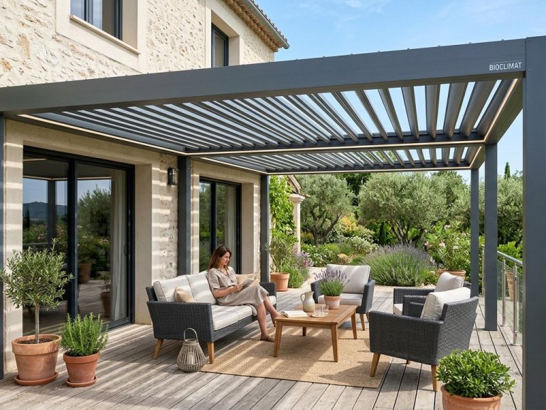 Pergola bioclimatique adossée sur terrasse