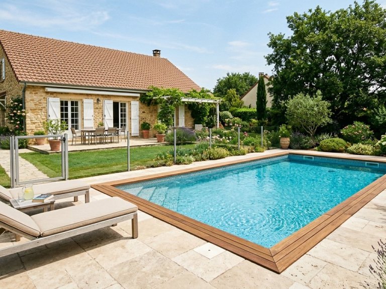 Piscine enterrée dans jardin de maison individuelle