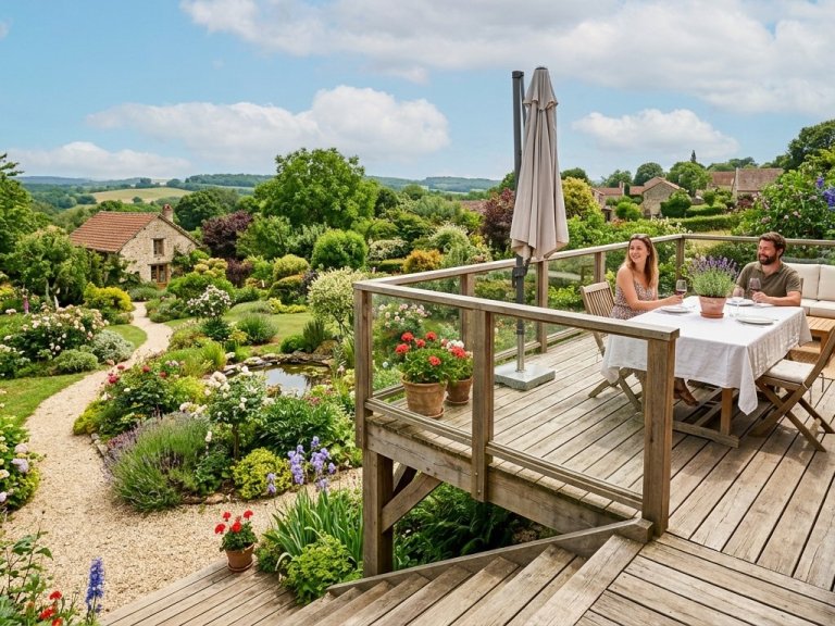 Terrasse bois surélevée avec vue sur jardin
